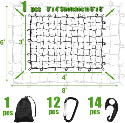 3' x 4' Cargo Net Stretches to 6' x 8', Heavy Duty Cargo Netting for Pickup Truck Bed, Roof Rack Net with Hooks Carabiners
