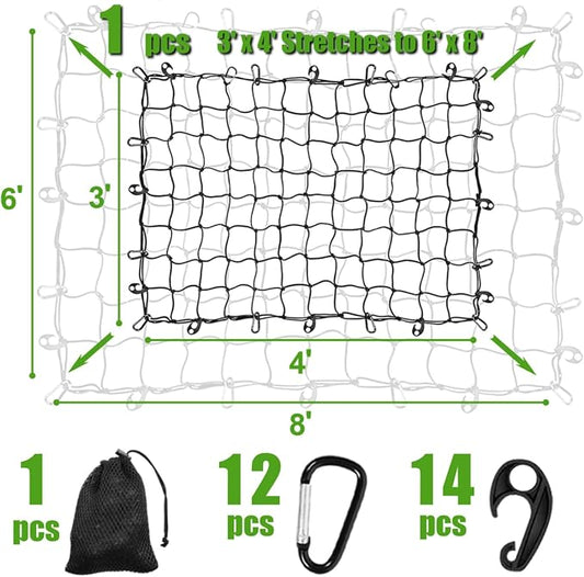3' x 4' Cargo Net Stretches to 6' x 8', Heavy Duty Cargo Netting for Pickup Truck Bed, Roof Rack Net with Hooks Carabiners