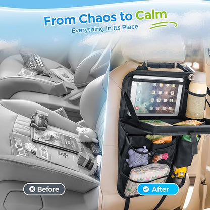 Tsumbay Backseat Car Organizer with Foldable Tray, 9 Pockets, Kick Mat Seat Protector, 18KG Capacity, Waterproof Oxford Fabric for Kids, Family Travel - for Car, SUV, Van (Oxford-2Pck)