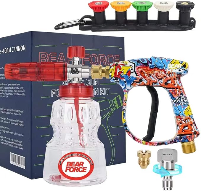 BEAR FORCE Pressure Washer Spray Gun Power Washer Short Gun with M22-ID14mm & Foam Cannon Foam Gun with 5 Nozzles Tips #035 & 3/8'' Quick Connector Swivel, Additional Orifice Nozzle 1.10mm Car Washing