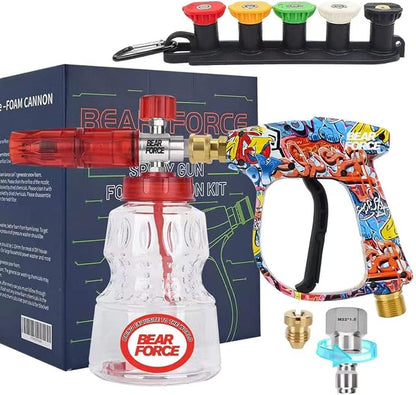 BEAR FORCE Pressure Washer Spray Gun Power Washer Short Gun with M22-ID14mm & Foam Cannon Foam Gun with 5 Nozzles Tips #035 & 3/8'' Quick Connector Swivel, Additional Orifice Nozzle 1.10mm Car Washing