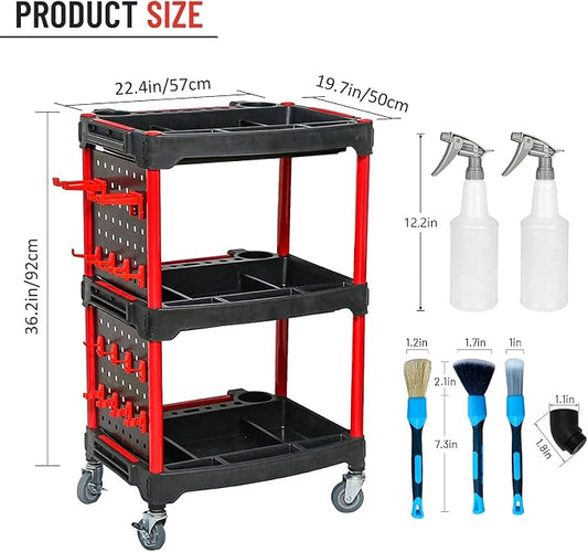3 Tier Auto Detailing Cart with Wheels, Rolling Detail Tool Cart with 2 Hanging Plate & Hooks, Spray Bottles and Brushes for Repair Shop Car WashWax Garage, 200kg/440.92lb Capacity