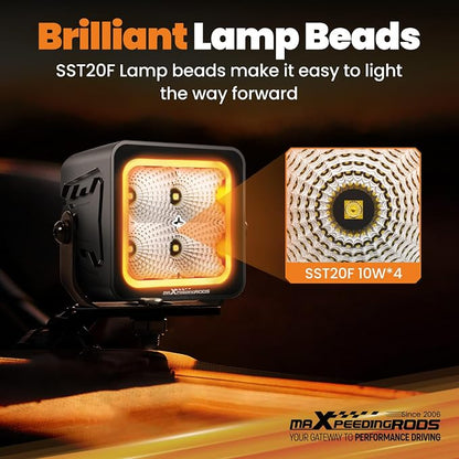 maXpeedingrods 3in LED Pod Lights Amber & White DRL Flood Beam 80W 5 Modes | 8000LM Cube Offroad Lights, Memory Function, Wiring Harness, IP67 Waterproof for Jeep Wrangler, Ford F150, Truck, ATV UTV