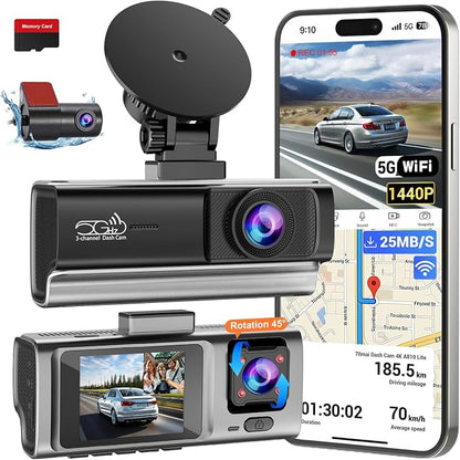 3 Channel 2.5K Dash Cam with 5GHz WiFi & APP Control, 2.5K+1080P+1080P Front Inside and Rear, Triple Dash Camera with SD Card, 24 Hours Parking Mode, Loop Recording, Night Vision