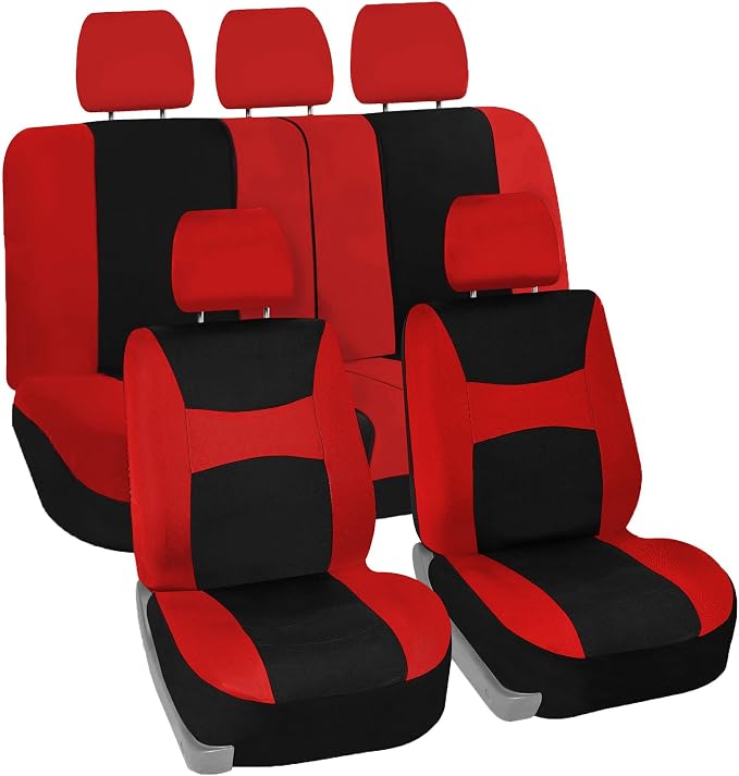 FH Group Flat Cloth Seat Covers Front Seat and Solid Rear Bench Full Set with Gift - Universal Fit for Cars, Trucks & SUVs (Red)
