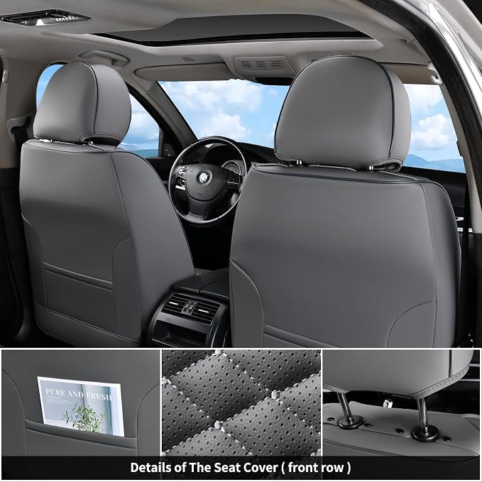 Coverado Car Seat Covers Full Set, Nappa Leather Seat Covers for Cars, 5 Seats Universal Waterproof Seat Covers, Front and Back Car Seat Protector, Automotive Seat Covers Fit for Most Cars, Gray