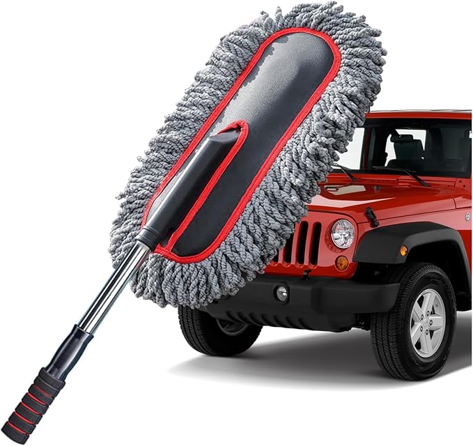 YeewayVeh Car Duster Exterior Scratch Free Microfiber Car Cleaning Brush, Extendable Handle Pollen and Dust Brush for Truck, SUV, Vehicles and Home Cleaning, Gray and Red