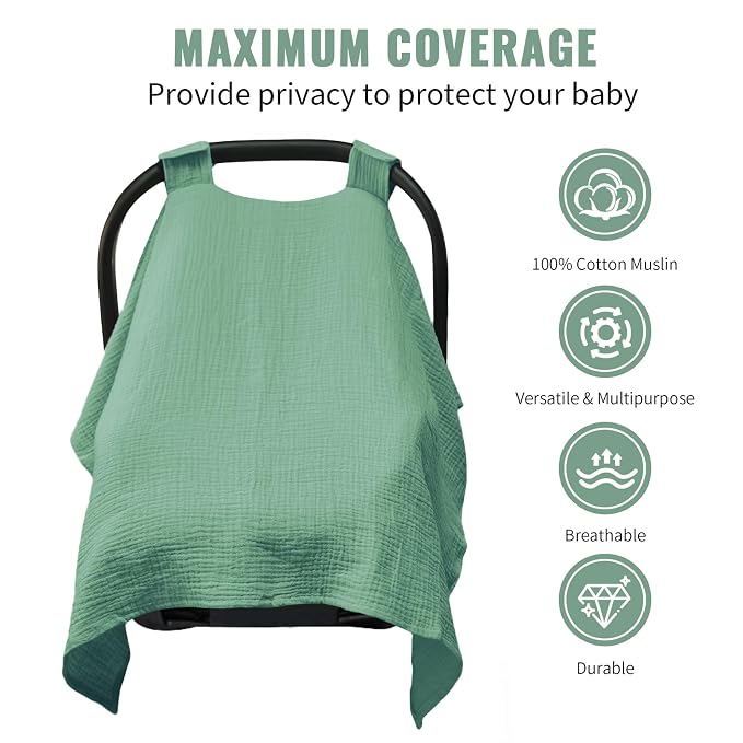 Metplus Muslin Car Seat Cover for Babies, 100% Cotton Breathable Infant Carseat Canopy for Summer, Lightweight Stroller Sunshade Covers for Newborns(Moss Green)
