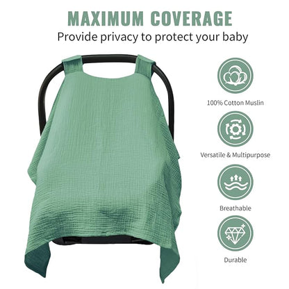 Metplus Muslin Car Seat Cover for Babies, 100% Cotton Breathable Infant Carseat Canopy for Summer, Lightweight Stroller Sunshade Covers for Newborns(Moss Green)