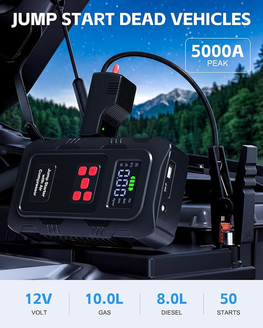 5000A Jump Starter with Air Compressor, Portable Car Battery Jump Starter with 150 PSI Tire Inflator for Up to 10.0L Gas and 8.0L Diesel Engines, 12V Jump Box Battery Charger Booster(Red)