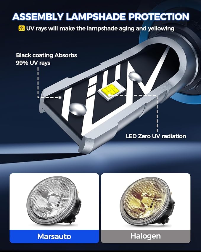 Marsauto H11/H16/H8 LED Fog Light Bulb, 14,000LM 6500K White H11 H16 H8 LED Fog Lights, 70000HRS Lifespan H11 Fog Light Bulbs for Car, Play and Plug, Exterior Lighting
