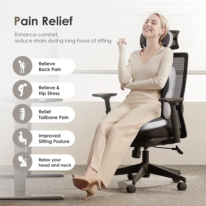 FLORICH 3 PCS Seat Cushion for Carseat Lumbar Support Pillow Car Neck Headrest Pillows Ultrathick Memory Foam Seat Pads Pressure Relief Back Cushion for Office Chair-Dark Beige Grey