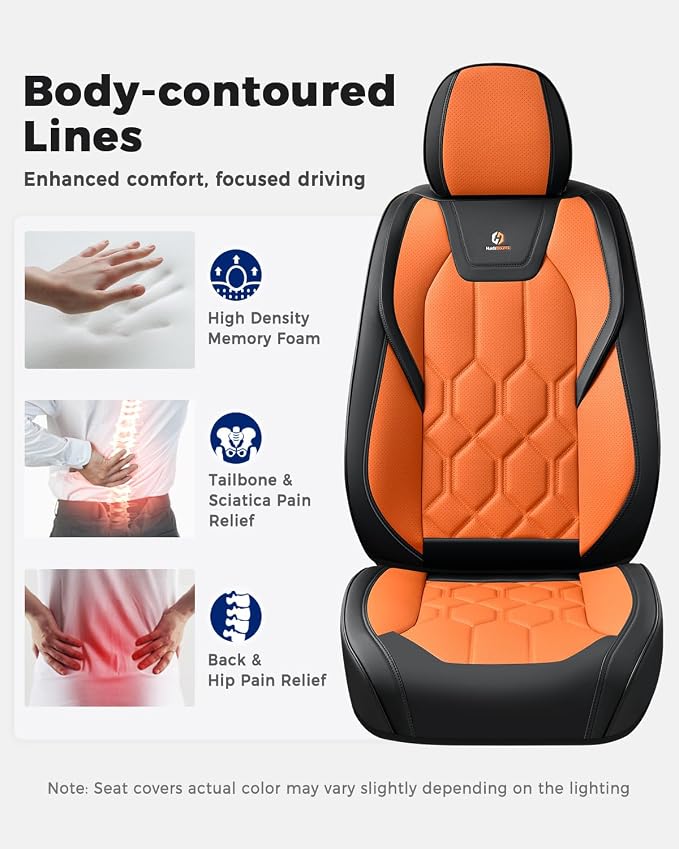 Huidasource Seat Covers Full Set, Universal Fit for Most Cars SUV Trucks, Full Coverage Leather Seat Cover, Airbag, Cupholder Compatible, Seat Function Retain, Easy Install with Velcro, Black&Orange