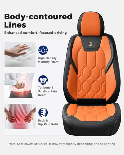 Huidasource Seat Covers Full Set, Universal Fit for Most Cars SUV Trucks, Full Coverage Leather Seat Cover, Airbag, Cupholder Compatible, Seat Function Retain, Easy Install with Velcro, Black&Orange