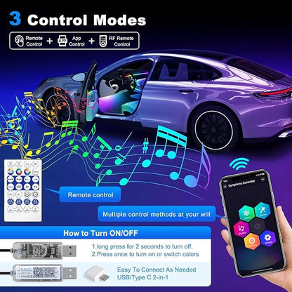 Dreamcolor Acrylic Interior Car LED Strip Light with USB/Type C/4-Port USB Cigarette Lighter,RGB 55.1 inch Ambient Lighting Kits, Sound Active Function Neon Led Strips for Car