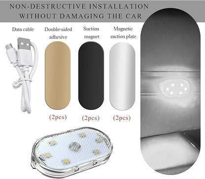Wevdn 2 PCS Car LED Lights Interior Wireless, Magnetic Car Ambient Lighting with 6 Bright LED Lamp Beads, Portable USB Rechargeable Vehicle Interior Led Night Light for Car (White)