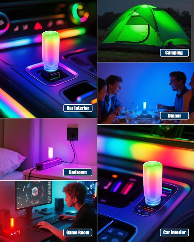 USB Light Touch Dimmable Retro Interior Car Lights,Multicolor &13 Modes Mini USB Light Bulb for Car Night Light, Bedroom,Party,Christmas Hallway,Camping, 2Pack