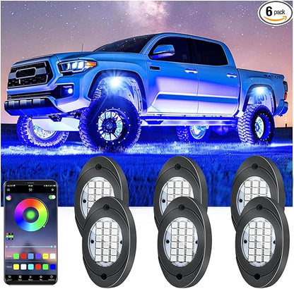 6 Pods RGB LED Rock Lights, Underglow Multicolor Neon Light Kit Wheel Well Light with APP Control & Music Mode, Under Glow Lights for Trucks,Jeep,SUV,Golf Cart,ATV,Pickup Off Road,12 V