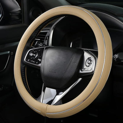 ALEMODR Buff Leather Steering Wheel Cover Fiber Strip Car Steering Wheel Cover Universal 15 inch