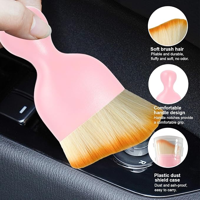 Ziciner Car Detailing Brush, Curved Soft Bristles Auto Removal Dust Collectors, Universal Vehicle Dashboard, Air Conditioner Vents etc Interior Cleaning Tool Accessories (Pink)