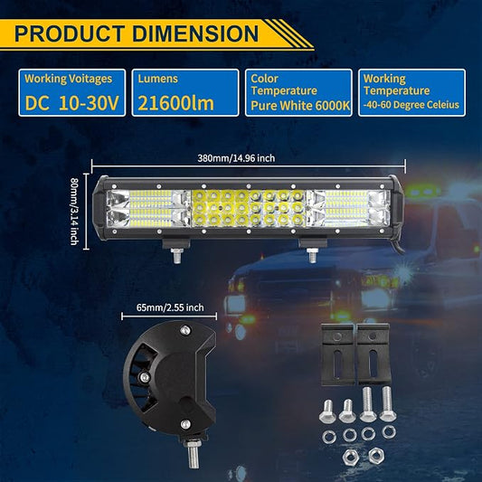 Willpower 15 inch 216W Triple Row Flood Spot Combo Beam Led Bar Driving Boat Off Road Lights for Jeep SUV Truck ATVs (15 inch)