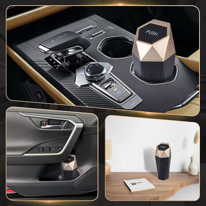 BFXM Car Trash Can, Car Trash Bin with Lid, Car Accessories for Women Interior, Car Garbage Can with Additional 2 ABS Hooks and 60pcs Trash Bags, Suitable for Home, Office, Car Organizer, Gold