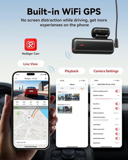 REDTIGER F9 Lite 4K Dash Cam Front, ADAS, Built-in WiFi APP Control Dash Camera for Cars, 2160P UHD Mini Car Dash Cam with GPS, Night Vision, G-Sensor, 24H Parking Monitor (SD Card Not Included)