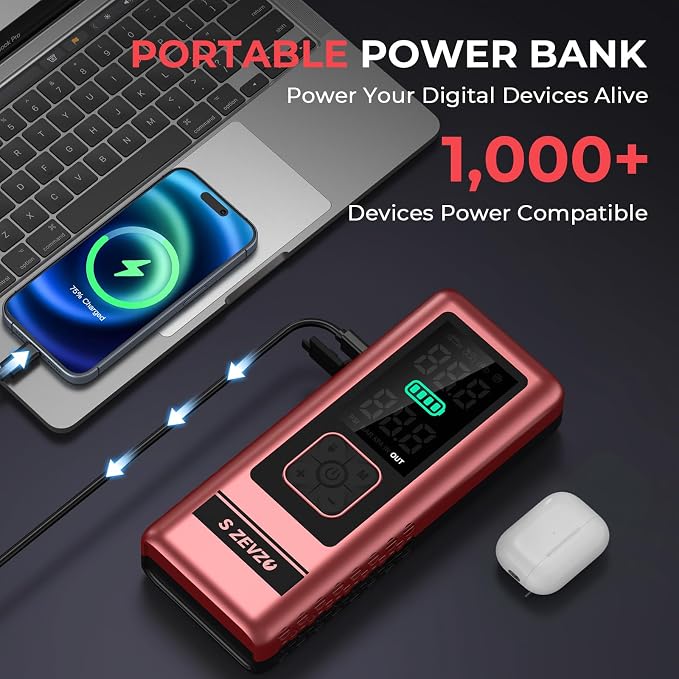 S ZEVZO Car Jump Starter with Air Compressor, 4000A 150PSI Jump Box Battery Pack(6.0 Gas/4.0L Diesel), Portable 12V Jump Box with Auto-Shutoff Tire Inflator, USB Ports, LCD Display & LED Light