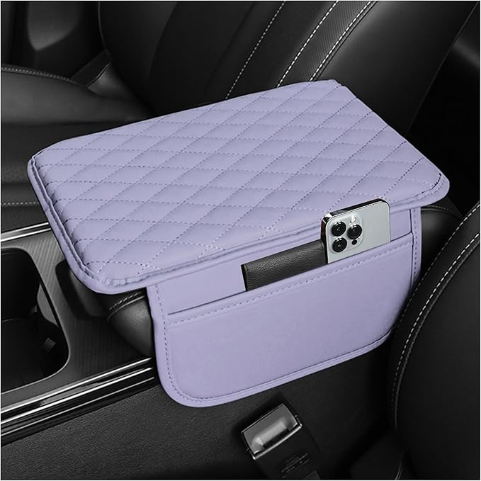 Stacool Upgraded Car Center Console Cover,Microfiber Leather Car Armrest Cover Cushion with 2 Storage Bags,Universal Car Armrest Storage Box (Purple)