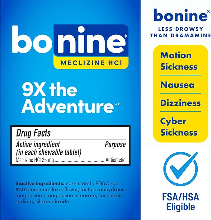 Bonine Non-Drowsy Motion Sickness Relief - 32 Chewable Tablets with Meclizine HCL 25mg - Non Drowsy Medicine for Nausea or Motion Sickness - Cruise Essentials - Raspberry Flavor