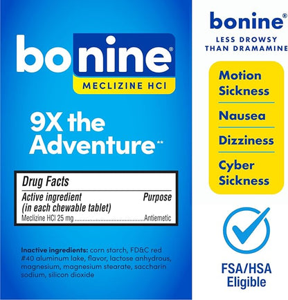 Bonine Non-Drowsy Motion Sickness Relief - 32 Chewable Tablets with Meclizine HCL 25mg - Non Drowsy Medicine for Nausea or Motion Sickness - Cruise Essentials - Raspberry Flavor