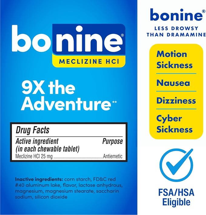 Bonine 48 ct. Non Drowsy Motion Sickness Relief, Sea Sickness, Car Sickness, Nausea, & Vomiting - Meclizine HCI 25mg, Travel-Sized - Raspberry Chewable Tablets