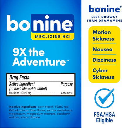 Bonine 48 ct. Non Drowsy Motion Sickness Relief, Sea Sickness, Car Sickness, Nausea, & Vomiting - Meclizine HCI 25mg, Travel-Sized - Raspberry Chewable Tablets