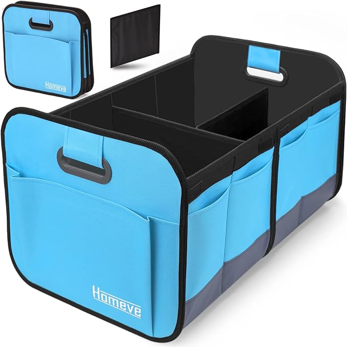 Homeve Car Trunk Organizer for SUV, 18.5Gal Large Capacity No-Sag Heavy Duty, Foldable Waterproof Anti-Slip Storage with 12 Pockets, Fit Sedan, Truck, Universal Car Accessories, Blue, 2 Compart,Large