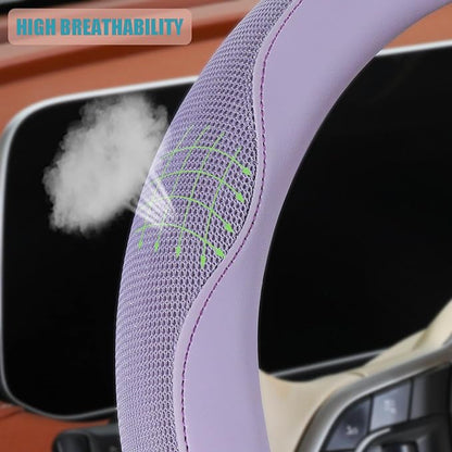 14 inch D Shaped Steering Wheel Cover for Prius Civic, Nappa Microfiber Leather Non-Slip Breathable Fabric, Warm in Winter and Cool in Summer, Purple Small 13.5 inch to 14 inch