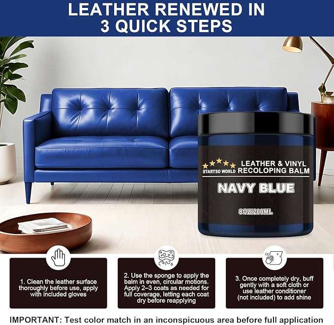 STARTSO WORLD Leather Recoloring Balm, Navy Blue Leather Repair Kit for Furniture, Leather Dye, Leather Color Restorer for Couches, Leather Couch Paint | Repair, Restore & Renew Old, Faded Leather