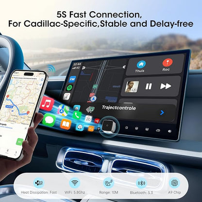 Wireless Carplay Adapter for iPhone, Convert Wired to Apple Carplay Wireless Adapter, Mini Size, Plug and Play, Connection Stable No Delay Car Play for Cadillac Specific Models
