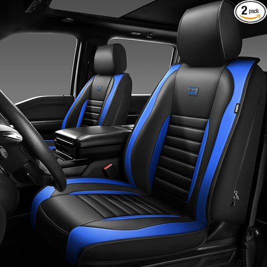 CAR PASS Nappa Leather Car Seat Covers Front Seats, Luxury Seat Protector for Cars, Waterproof Anti-Slip Seat Cushion Airbag Compatible Universal for SUV Pick-up Truck Automotive Vehicle,Black Blue