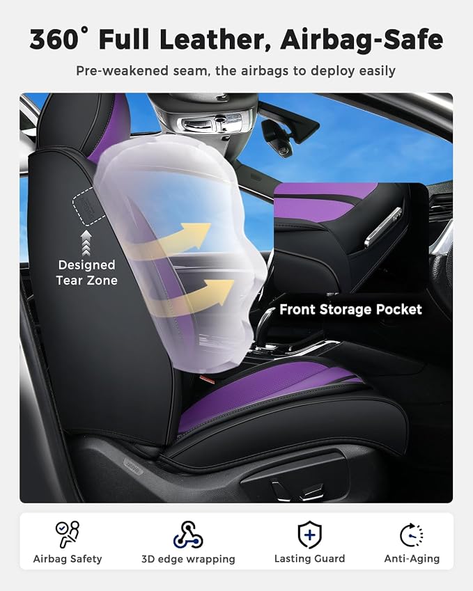 Huidasource Front Car Seat Cover Luxury Nappa Leather, Leather Front Seat Covers with Airbag, Front Storage Pocket, Lumbar Support, Cooling＆Heating Universal Fit for Most Cars SUV Trucks, Black&Purple