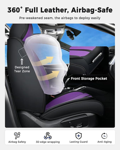 Huidasource Leather Seat Covers Luxury Nappa Leather, Seat Covers for Cars with Velcro Adjustable, Airbag Lumbar Support Cooling＆Heating, Seat Covers for SUV Fit for Most Cars SUV Trucks, Black＆Purple