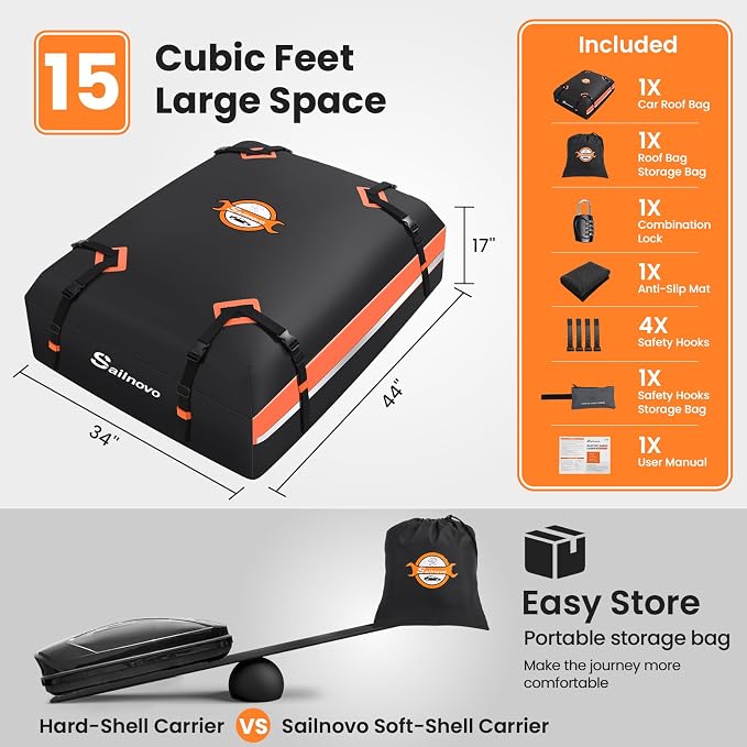 Sailnovo Car Rooftop Cargo Carrier 15 Cubic Feet, Waterproof 1000D PVC Car Roof Bag with Anti-Slip Mat, Combination Lock, Storage Bag, Door Hooks & Tie-Down Strap fit Vehicle with/Without Luggage Rack