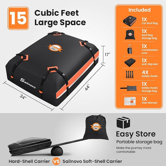Sailnovo Car Rooftop Cargo Carrier 15 Cubic Feet, Waterproof 1000D PVC Car Roof Bag with Anti-Slip Mat, Combination Lock, Storage Bag, Door Hooks & Tie-Down Strap fit Vehicle with/Without Luggage Rack