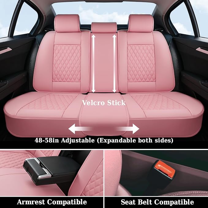Coverado Car Seat Covers Full Set, Automotive Front and Rear Seat Covers with Backrest, Nappa Leather Car Seat Protectors Waterproof, Universal for Most Vehicles, Pink