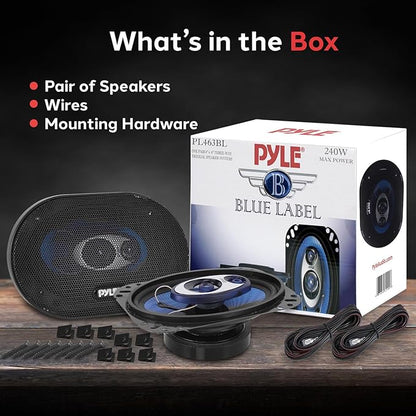 Pyle 4'' x 6'' Three Way Sound Speaker System - Pro Mid Range Triaxial Loud Audio 240 Watt per Pair w/ 4 Ohm Impedance and 3/4'' Piezo Tweeter for Car Component Stereo PL463BL