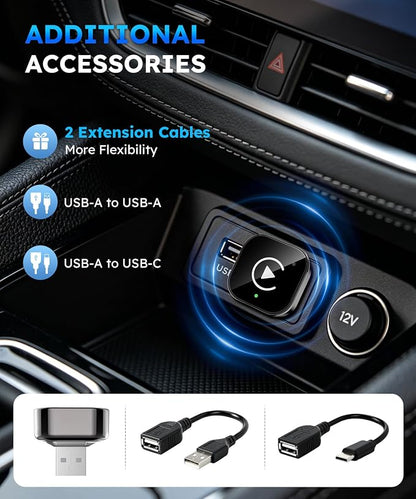 Ticarve 2-in-1 Wireless Apple CarPlay & Android Auto Adapter, Plug & Play CarPlay Wired to Wireless Adapter, Stable Auto-Connect, No Latency, iOS 10+ & Android 11+, USB/USB-C Extension Cable