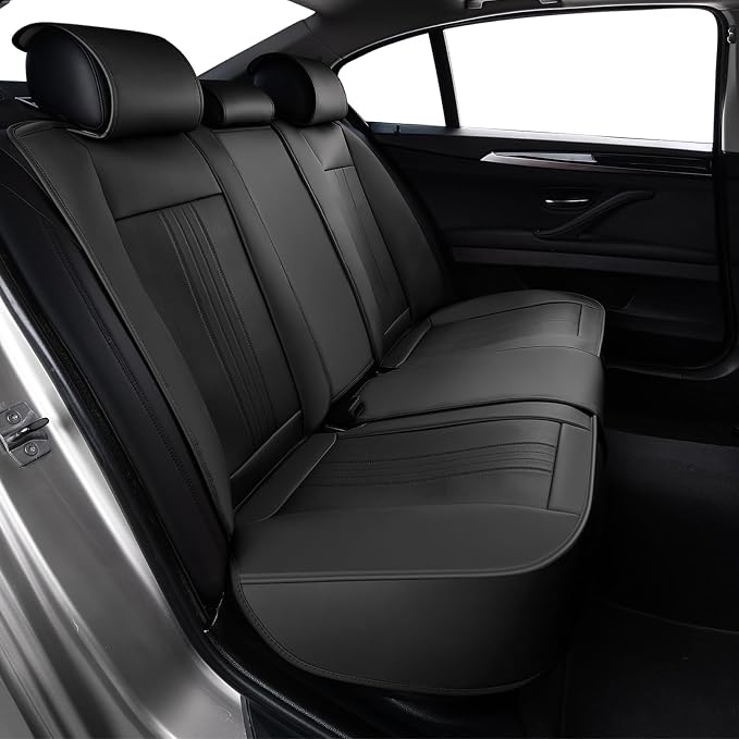Huidasource Rear Seat Covers Compatible with Seatbelt Buckle, Child Seat, Premium Faux Leather Back Seat Cover, Rear Car Seat Cover with Velcro Adjustable Universal Fit for Most Cars SUV Trucks, Black