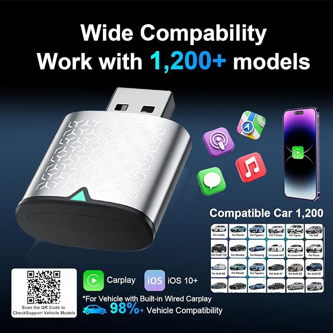 Mini Wireless Carplay Adapter for iPhone - Carplay Wireless Adapter Car Play Dongle Bluetooth, Compatible with iPhone iOS 10+, Stable & No Delay, Silver