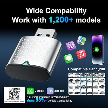 Mini Wireless Carplay Adapter for iPhone - Carplay Wireless Adapter Car Play Dongle Bluetooth, Compatible with iPhone iOS 10+, Stable & No Delay, Silver