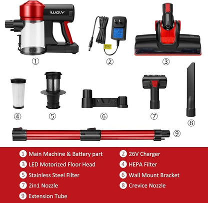 iwoly C150 Cordless Vacuum Cleaner with 2200mAh Rechargeable Battery, 18000Pa Cyclone Vacuum with HEPA Filter, Lightweight Portable Handheld Stick Vacuum for Home Hard Floor Car Cleaning