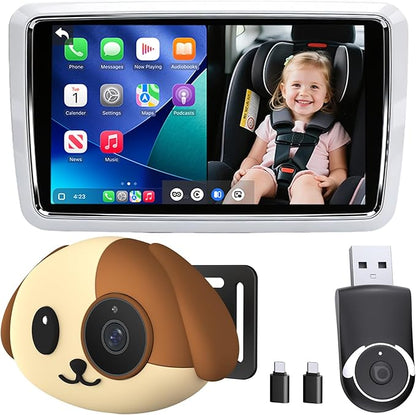 Cabin Care Baby Car Camera with Wireless CarPlay Adapter for iPhone Only, 1080P HD, IR Night Vision, 150° Wide-Angle, Real-Time Rear Seat Monitor, Works with Factory Wired CarPlay (Dog)